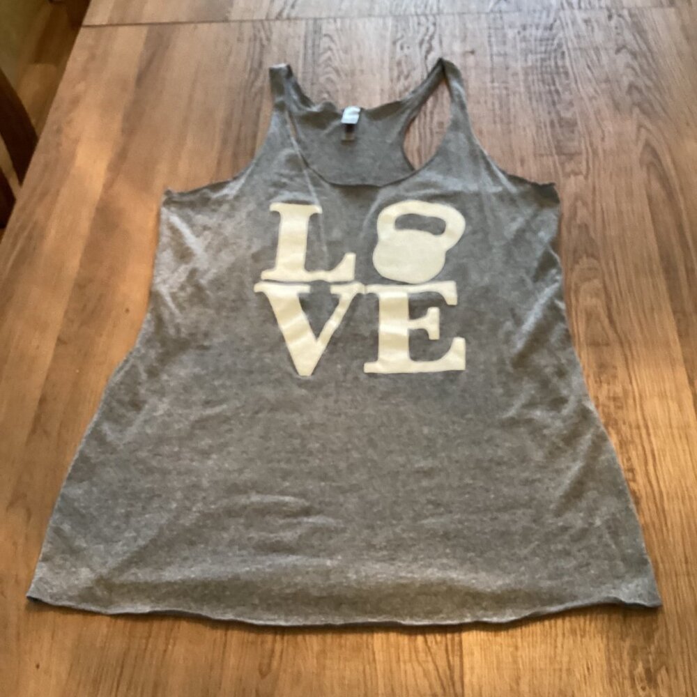 Next Level Gray Burnout Racerback White Kettlebell LOVE Workout Tank Top size M